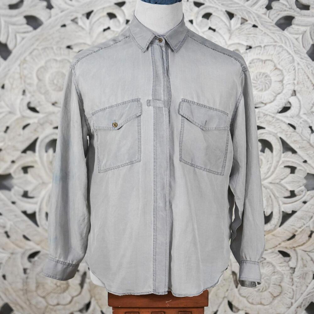 S.L.B. Men’s Gray 100% Silk Button Up Shirt L Long Sleeve Utility Pockets